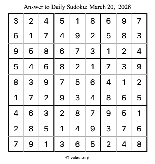 Answer to sudoku March 20, 2028