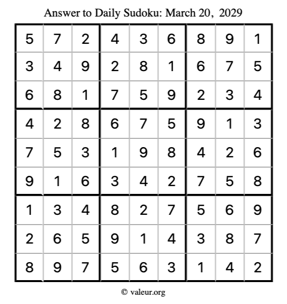 Answer to sudoku March 20, 2029
