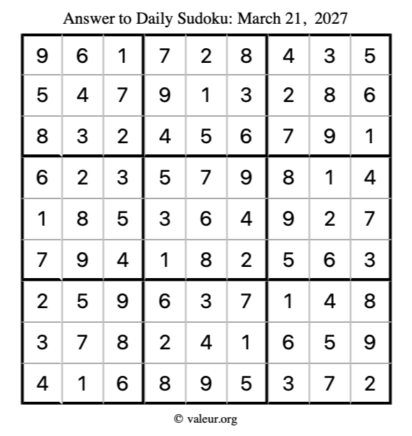 Answer to sudoku March 21, 2027