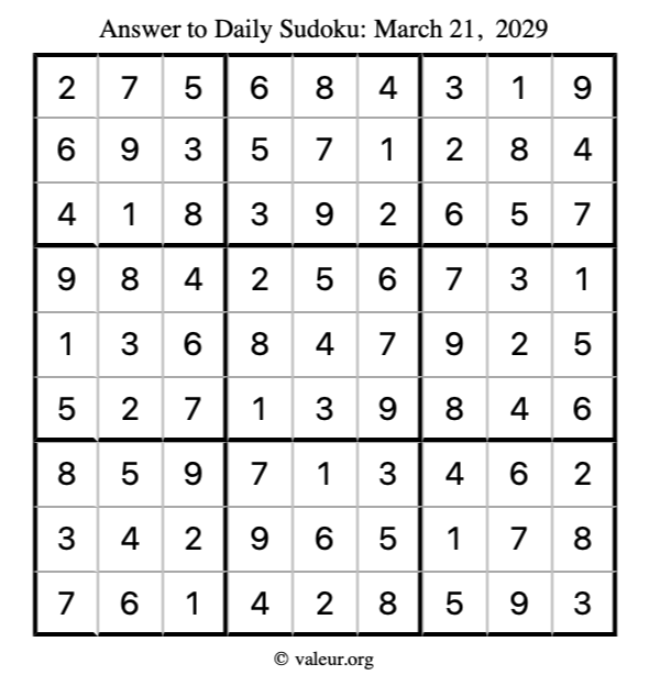 Answer to sudoku March 21, 2029