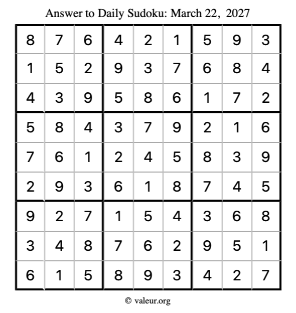 Answer to sudoku March 22, 2027