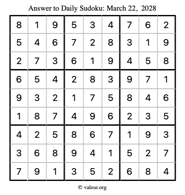 Answer to sudoku March 22, 2028