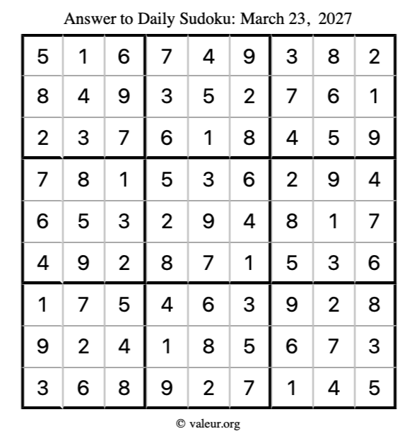 Answer to sudoku March 23, 2027