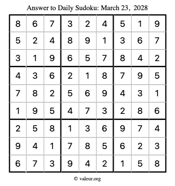 Answer to sudoku March 23, 2028