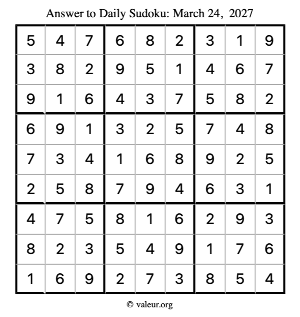 Answer to sudoku March 24, 2027
