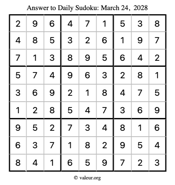 Answer to sudoku March 24, 2028