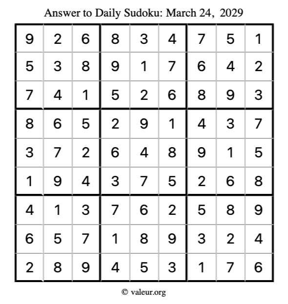 Answer to sudoku March 24, 2029