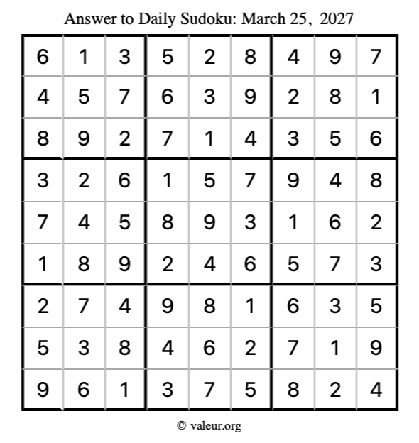 Answer to sudoku March 25, 2027