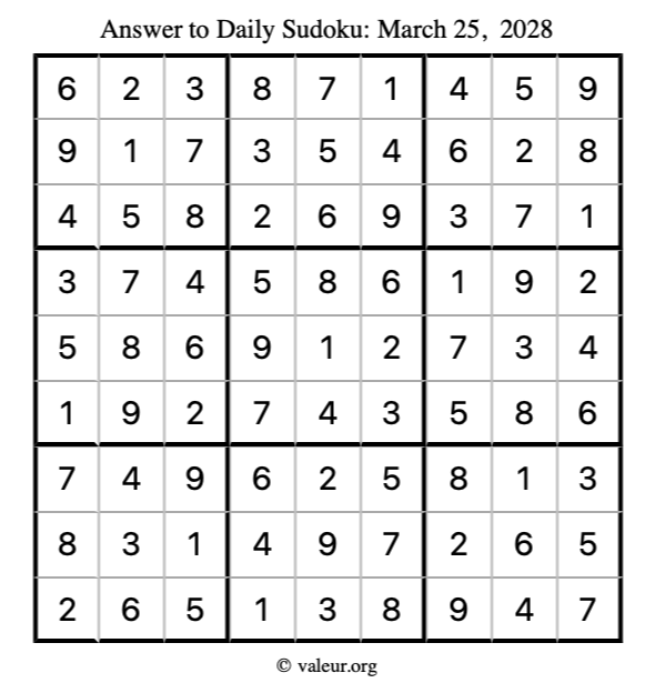 Answer to sudoku March 25, 2028