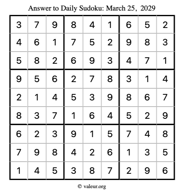 Answer to sudoku March 25, 2029