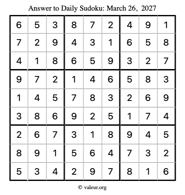 Answer to sudoku March 26, 2027