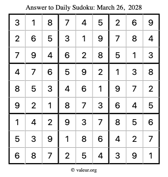 Answer to sudoku March 26, 2028