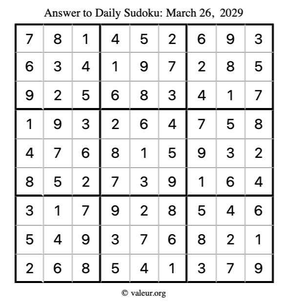 Answer to sudoku March 26, 2029