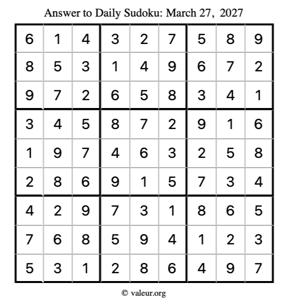 Answer to sudoku March 27, 2027