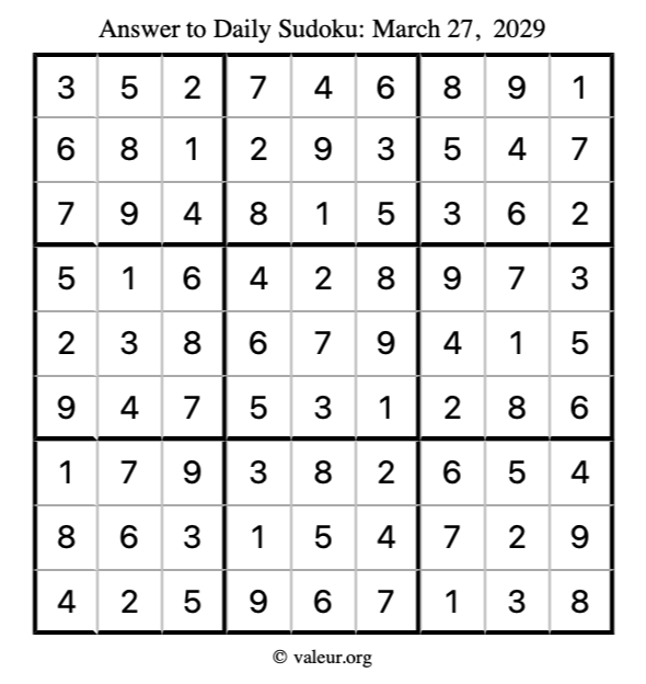 Answer to sudoku March 27, 2029