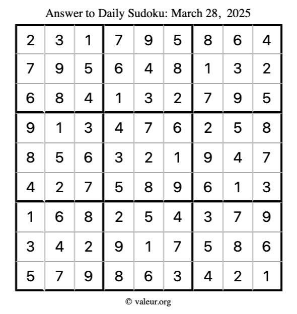 Answer to sudoku March 28, 2025