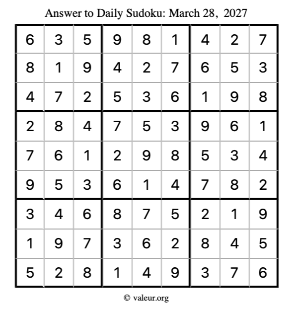 Answer to sudoku March 28, 2027