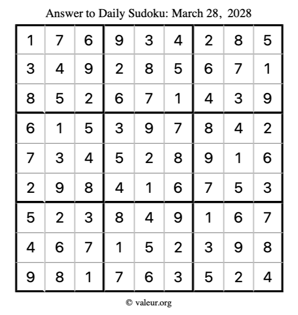 Answer to sudoku March 28, 2028