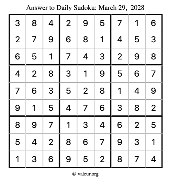 Answer to sudoku March 29, 2028