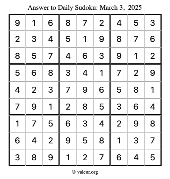 Answer to sudoku March 3, 2025