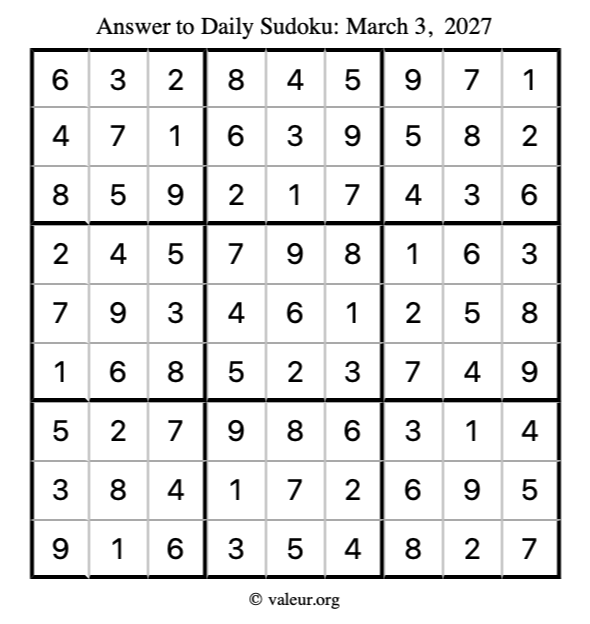 Answer to sudoku March 3, 2027