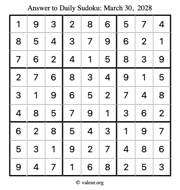 Answer to sudoku March 30, 2028