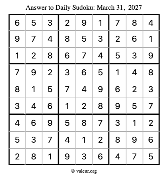 Answer to sudoku March 31, 2027