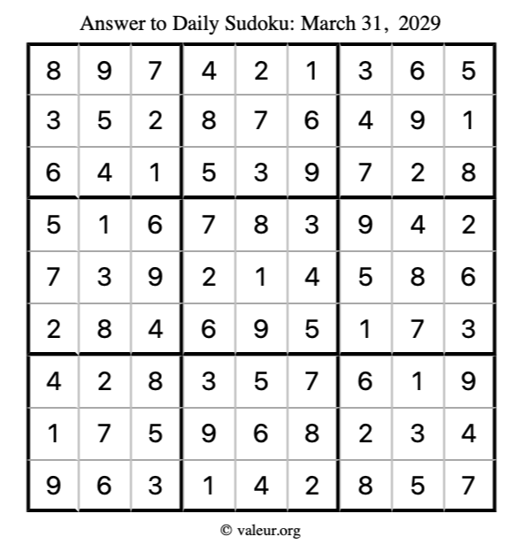 Answer to sudoku March 31, 2029