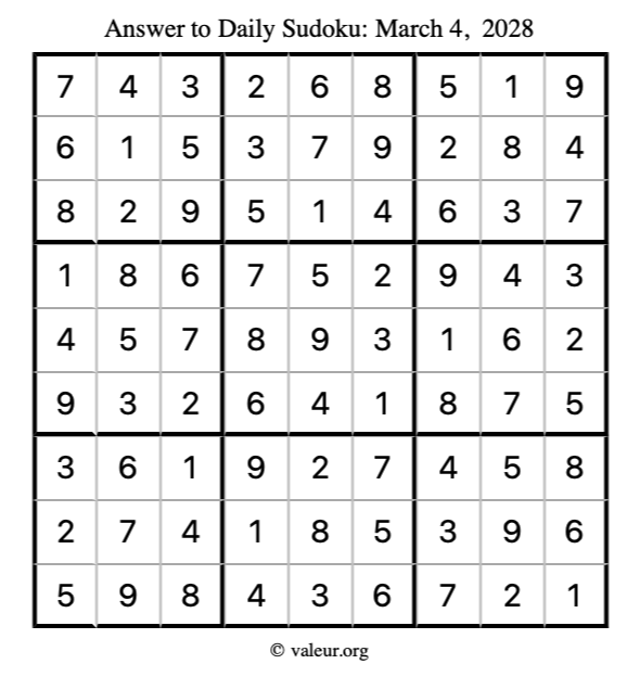 Answer to sudoku March 4, 2028