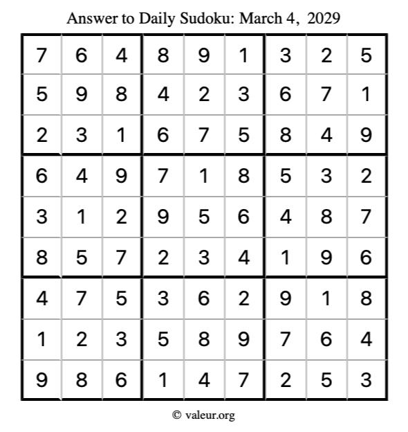 Answer to sudoku March 4, 2029