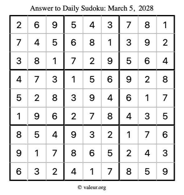 Answer to sudoku March 5, 2028