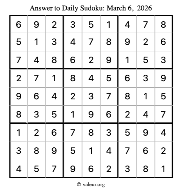 Answer to sudoku March 6, 2026