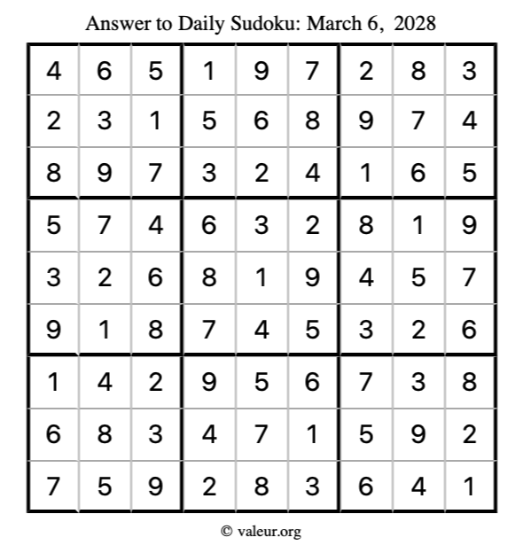 Answer to sudoku March 6, 2028