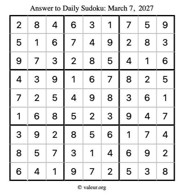 Answer to sudoku March 7, 2027