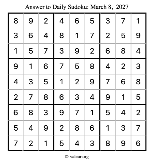 Answer to sudoku March 8, 2027