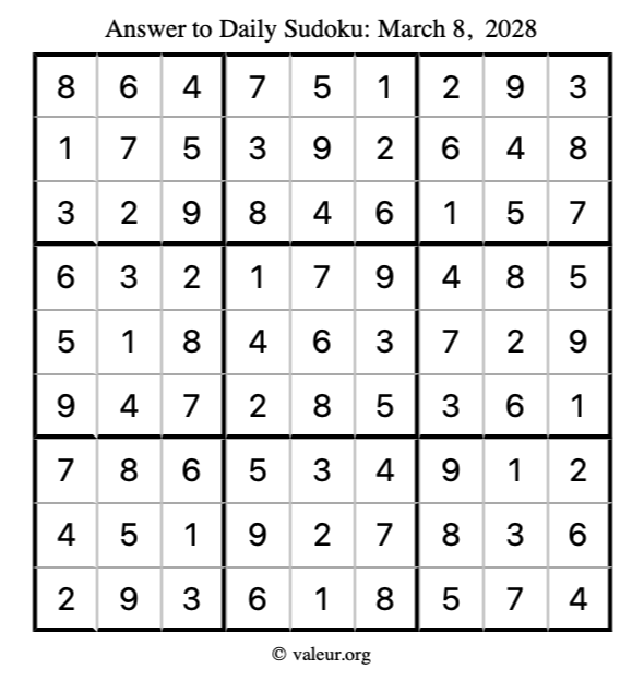 Answer to sudoku March 8, 2028