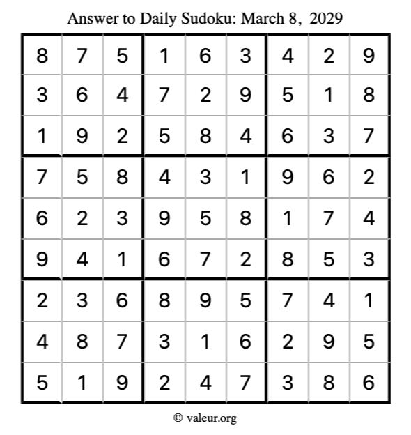 Answer to sudoku March 8, 2029