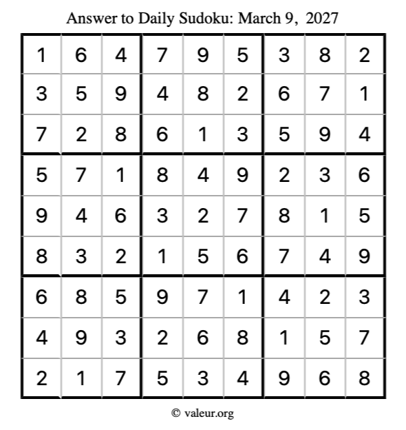 Answer to sudoku March 9, 2027