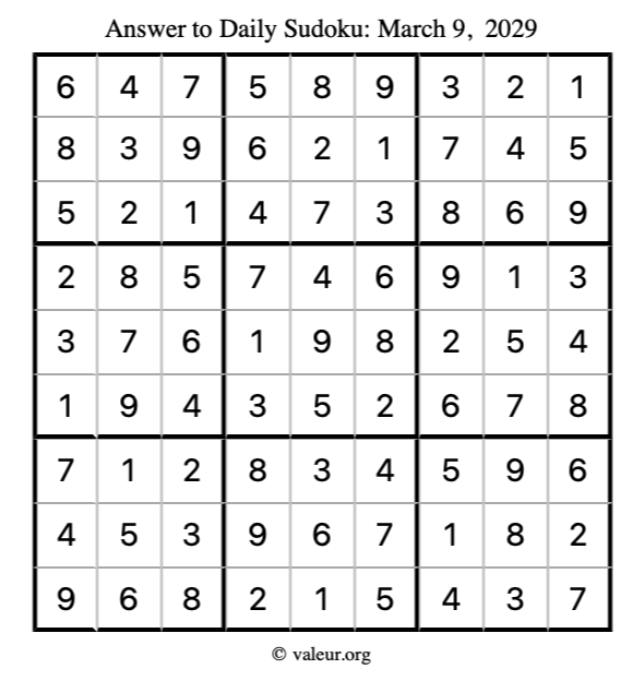 Answer to sudoku March 9, 2029