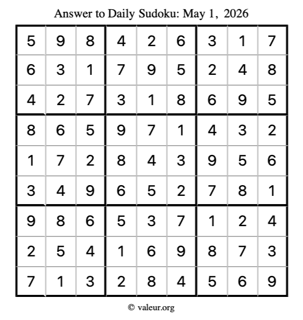 Answer to sudoku May 1, 2026