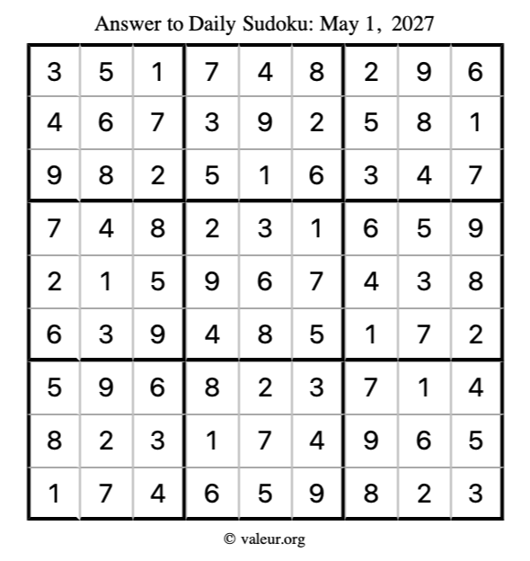 Answer to sudoku May 1, 2027