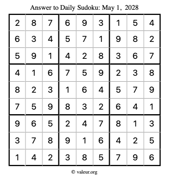 Answer to sudoku May 1, 2028