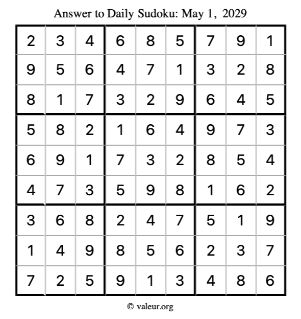 Answer to sudoku May 1, 2029