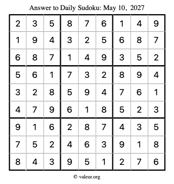 Answer to sudoku May 10, 2027