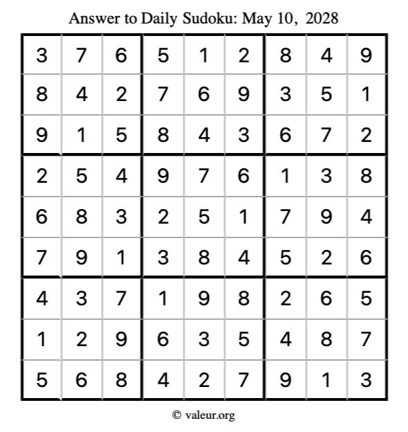 Answer to sudoku May 10, 2028