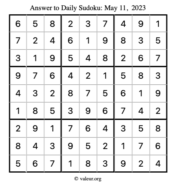 Answer to sudoku May 11, 2023