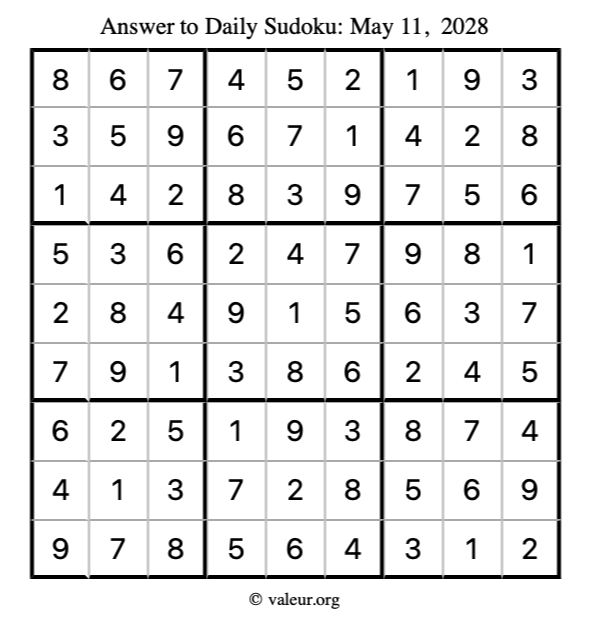 Answer to sudoku May 11, 2028