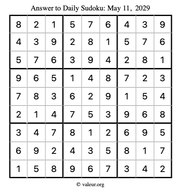 Answer to sudoku May 11, 2029