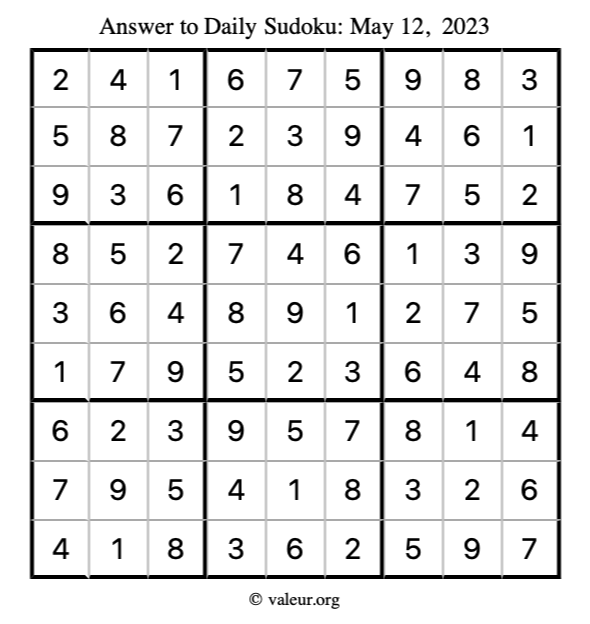 Answer to sudoku May 12, 2023