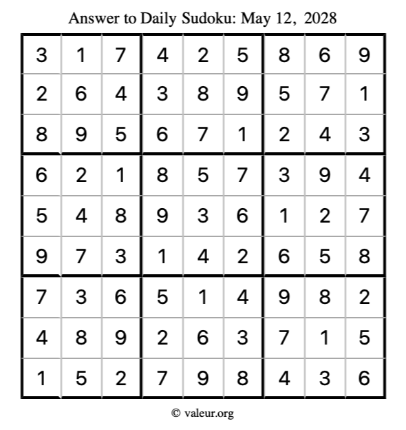 Answer to sudoku May 12, 2028